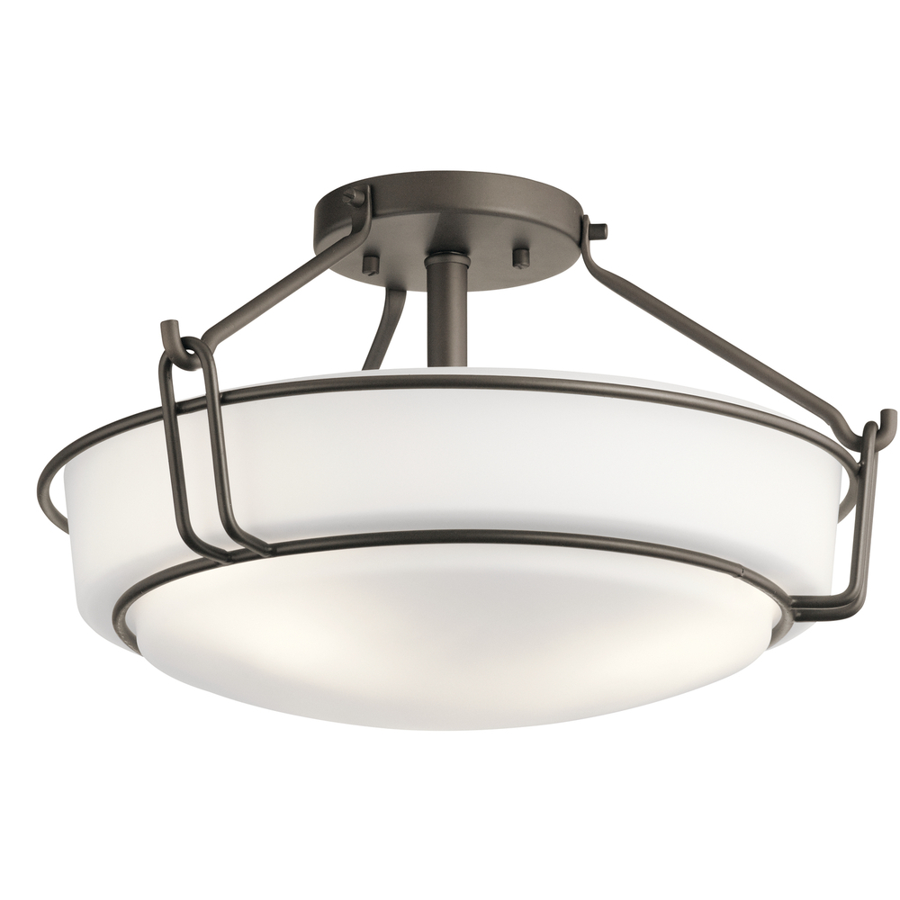 Alkire 16.5" 3 light Semi Flush with Satin Etched White Glass in Olde Bronze