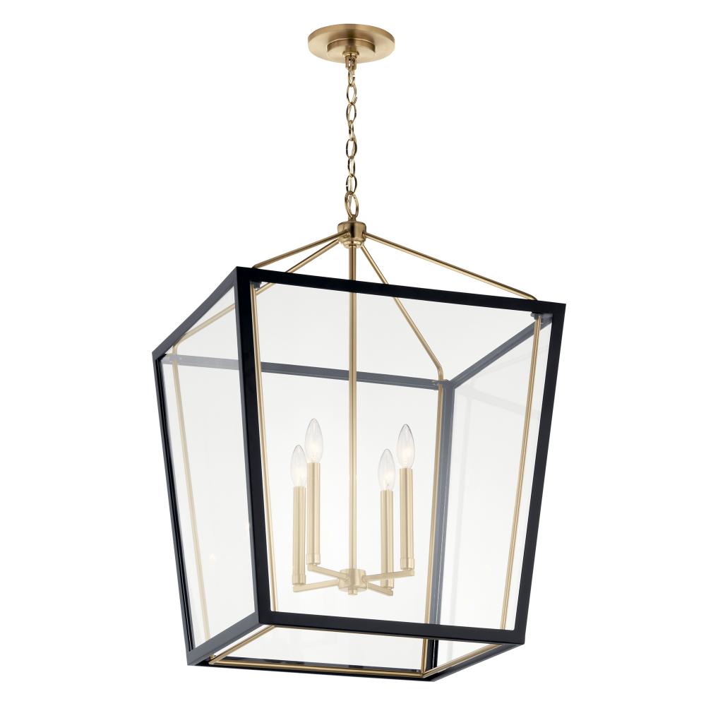 Delvin 31.75 Inch 4 Light Foyer Pendant with Clear Glass in Champagne Bronze and Black