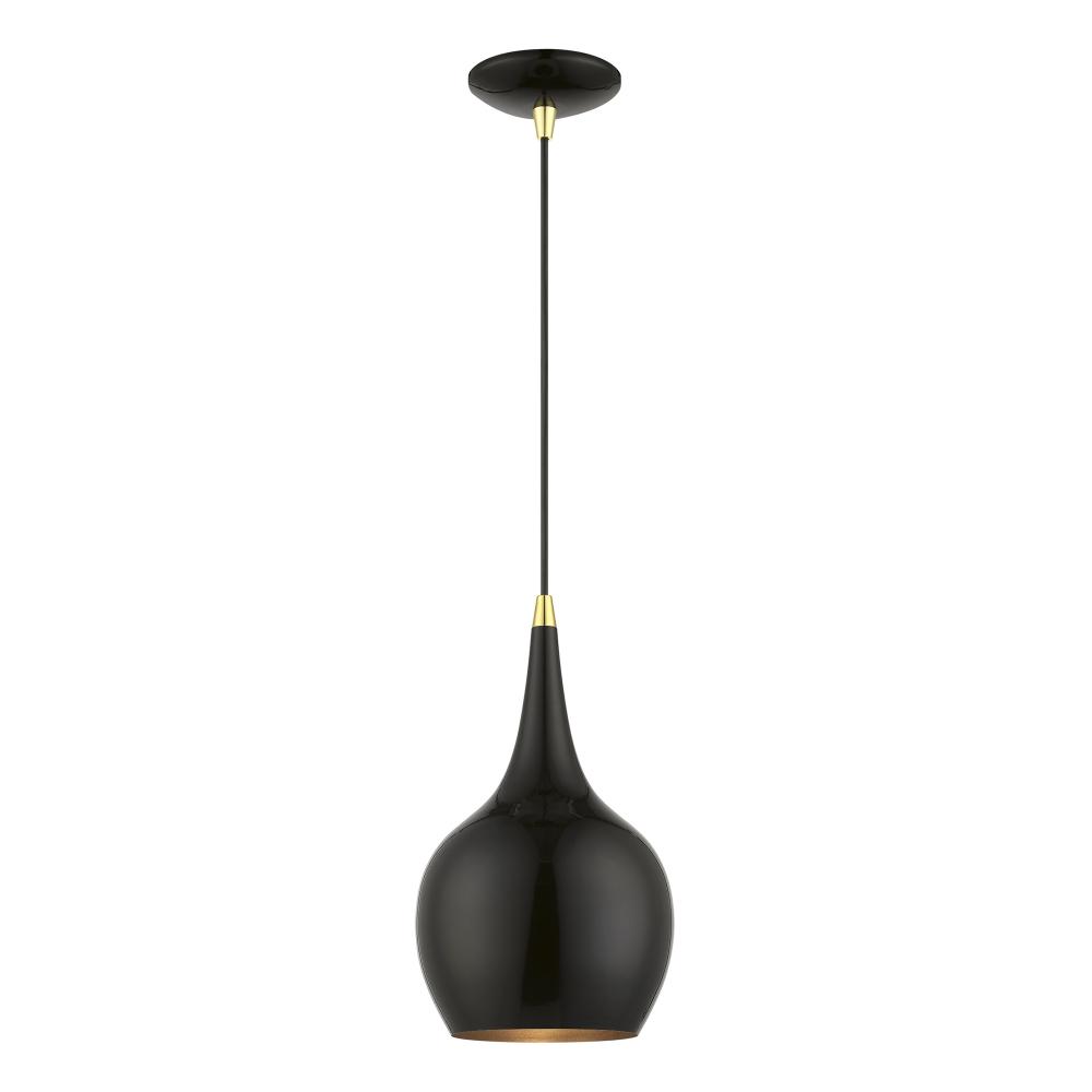 1 Light Shiny Black with Polished Brass Accents Mini Pendant