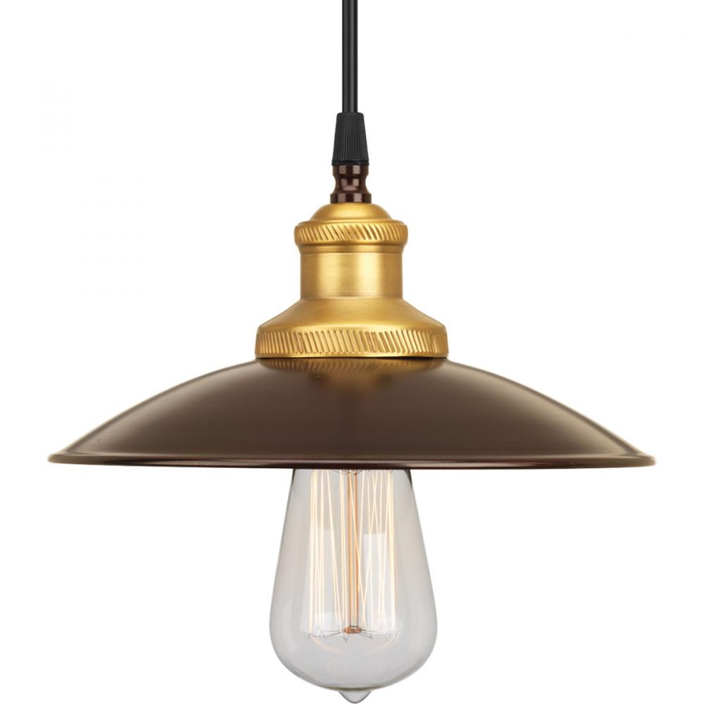 Archives Collection One-Light Antique Bronze Brass Paint Inside Metal Shade Farmhouse Mini-Pendant L