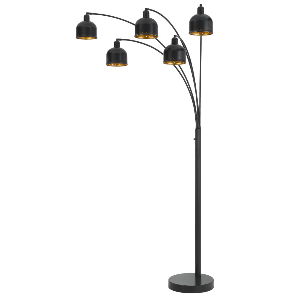 60W x 5, 3 way Ellington arc floor lamp with metal gold tone shades and heavy weighted base