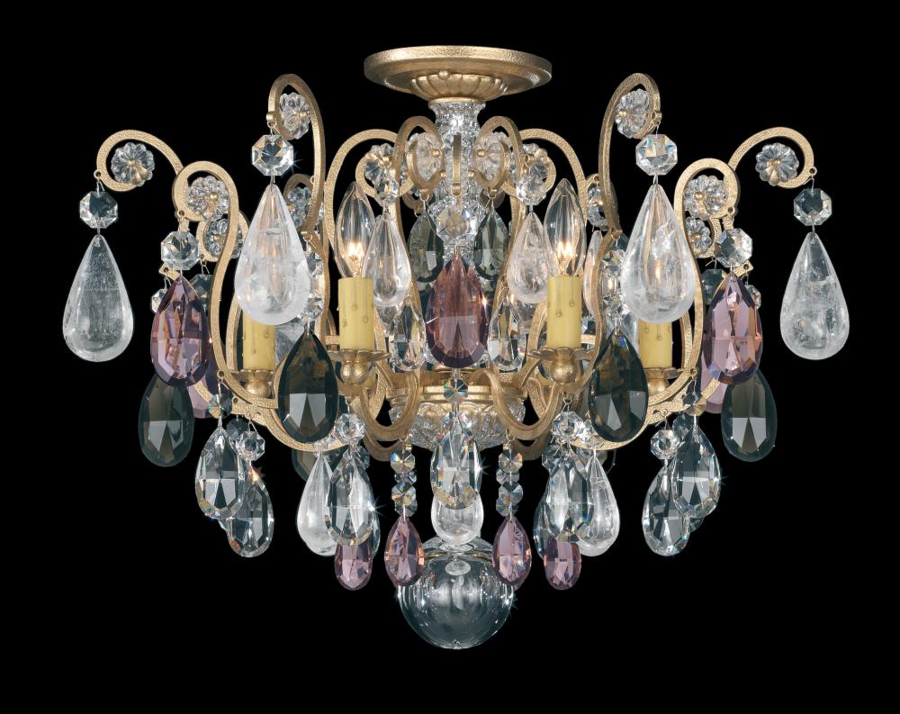Renaissance Rock Crystal 6 Light 120V Semi-Flush Mount in French Gold with Amethyst & Black Diamon
