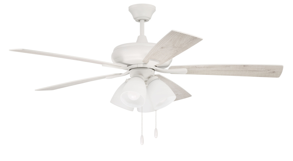 Eos 52" 5-Blade Frost 4 Light Ceiling Fan in White w/ White/Washed Oak Blades; Integrated Light