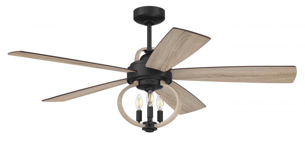 Reese 52" 5-Blade Ceiling Fan in Flat Black w/ Driftwood Blades; Integrated Light Kit