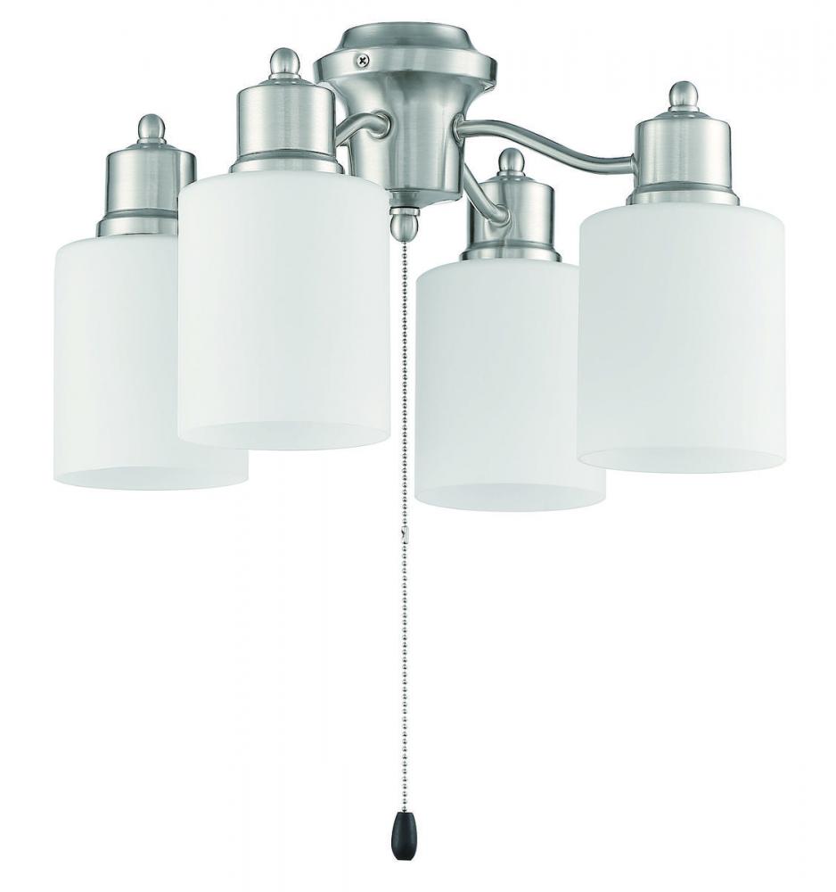 4 Light Universal Energy Star Fan Light Kit in Brushed Polished Nickel w White Glass