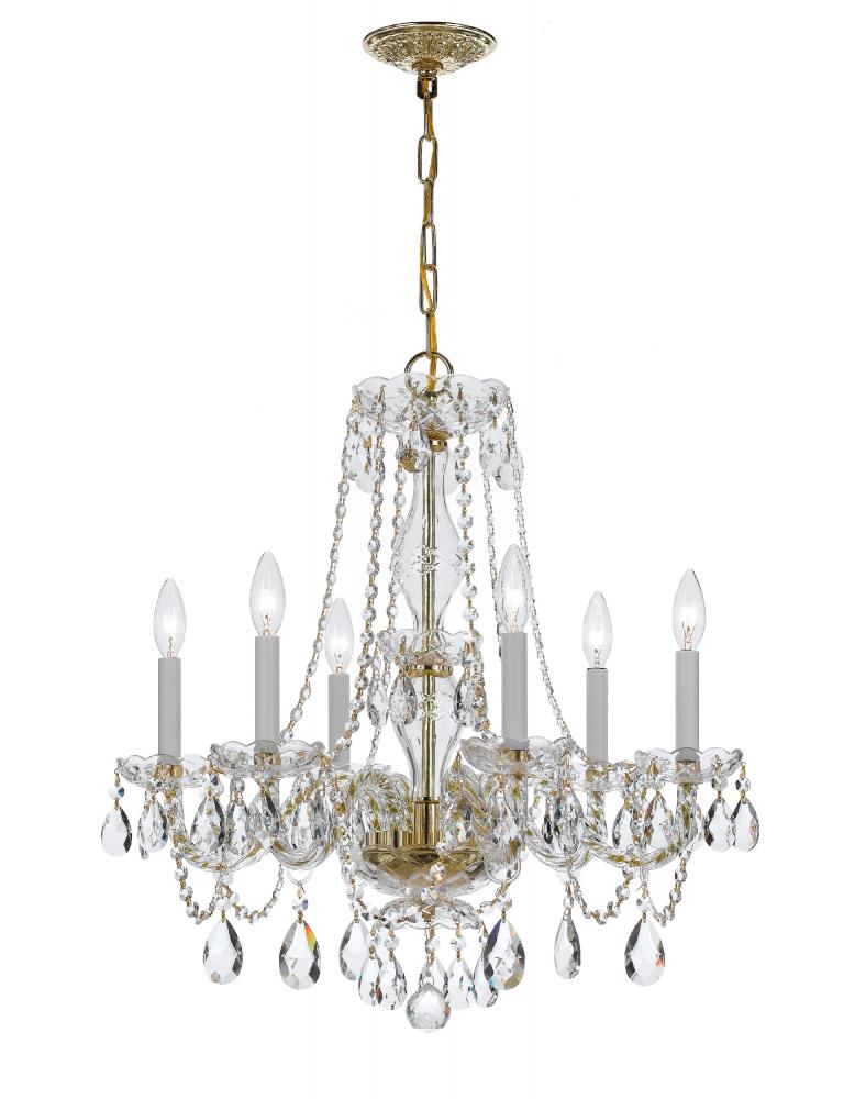 Traditional Crystal 6 Light Clear Italian Crystal Polished Brass Chandelier