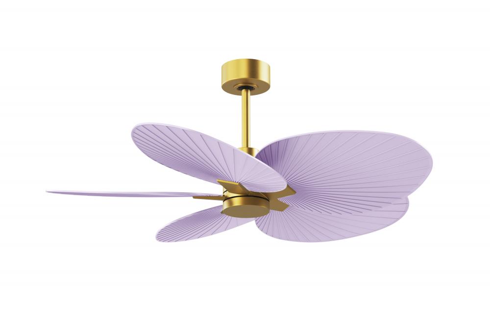 Alessandra Tropical 5-blade ceiling fan in Brushed Brass and Lilac blades.