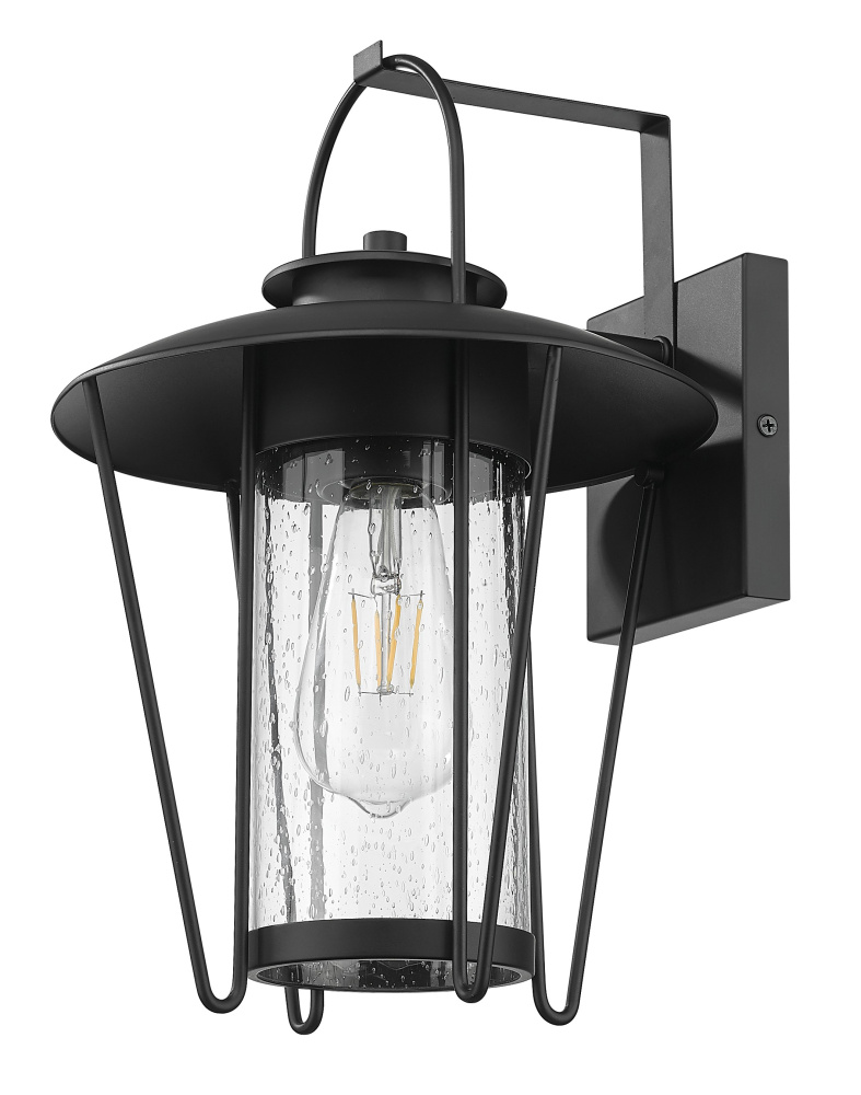 16.75 in. 1-Light Matte Black Outdoor Wall Lantern With Seeded Cylinder Glass