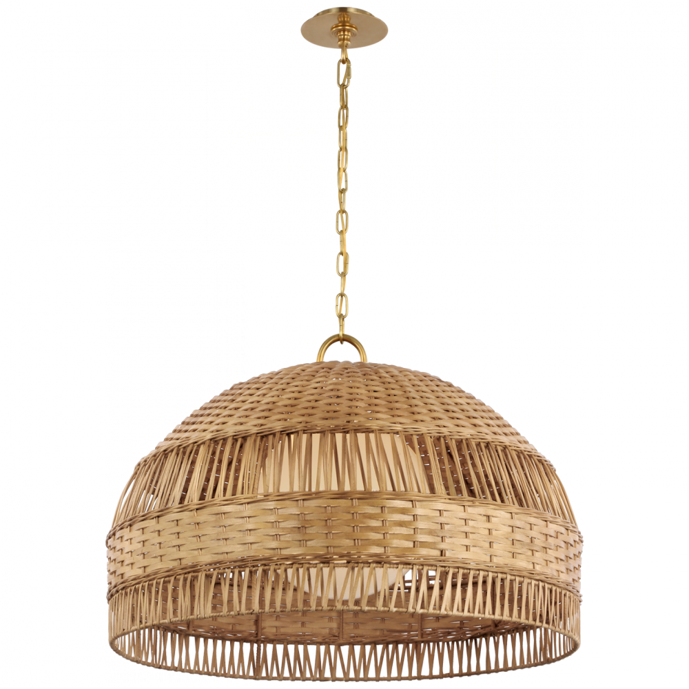 White Extra Large Dome Hanging Shade in Soft Brass and Natural Wicker