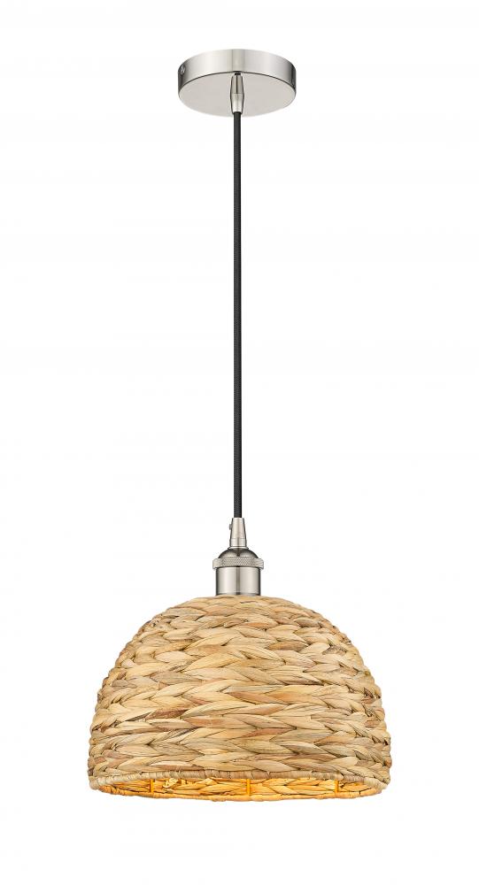Woven Rattan - 1 Light - 12 inch - Polished Nickel - Cord hung - Mini Pendant
