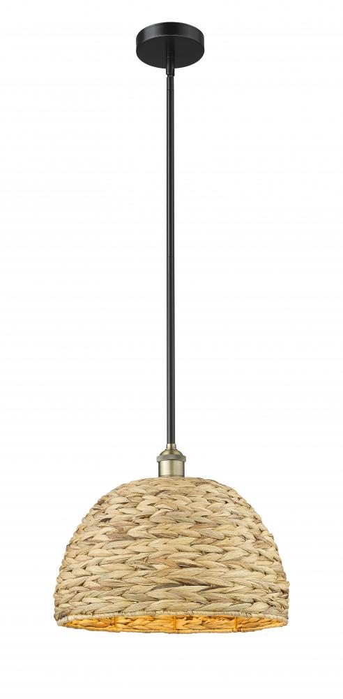 Woven Rattan - 1 Light - 16 inch - Black Antique Brass - Stem hung - Mini Pendant