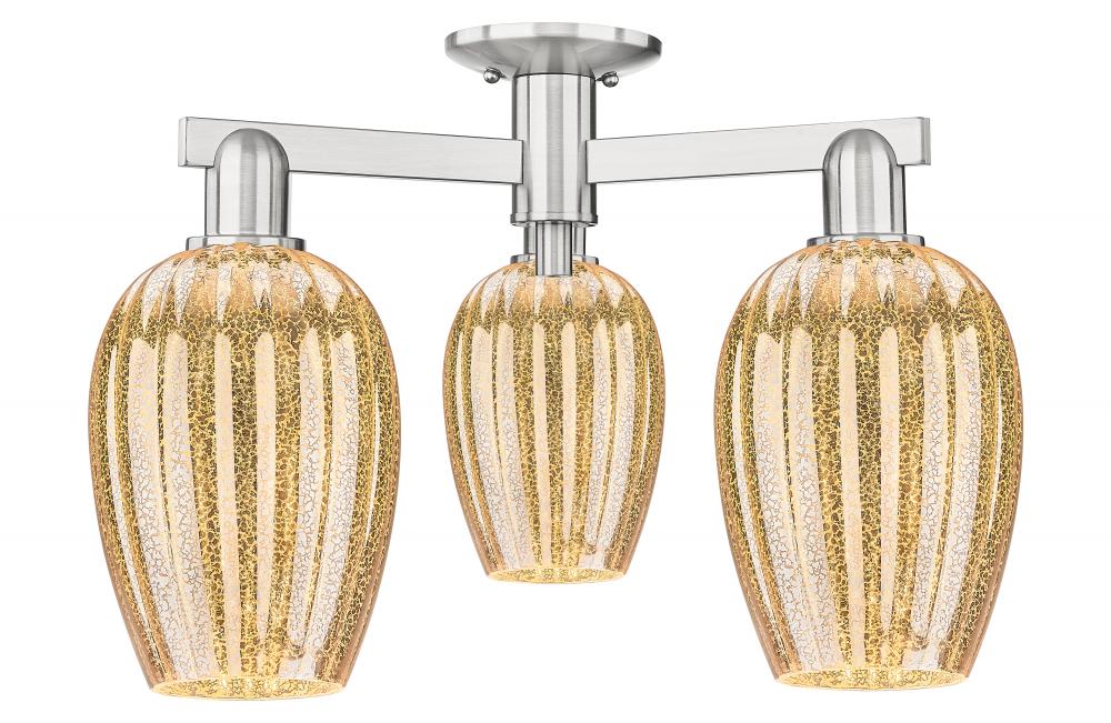 Preston Flute - 3 Light - 6 inch - Brushed Satin Nickel - Semi-Flush Mount