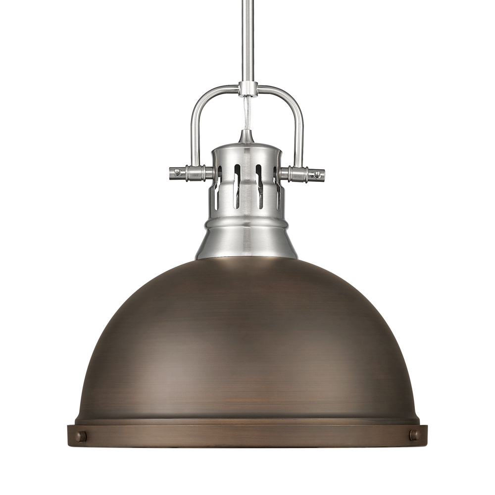 Yep by Golden Lighting Duncan 1-light 14in Rod Hung Pendant in Pewter and Rubbed Bronze shade