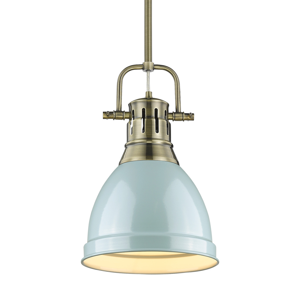 Yep by Golden Lighting Duncan 1-light 9in Rod Hung Pendant in Aged Brass and Seafoam shade