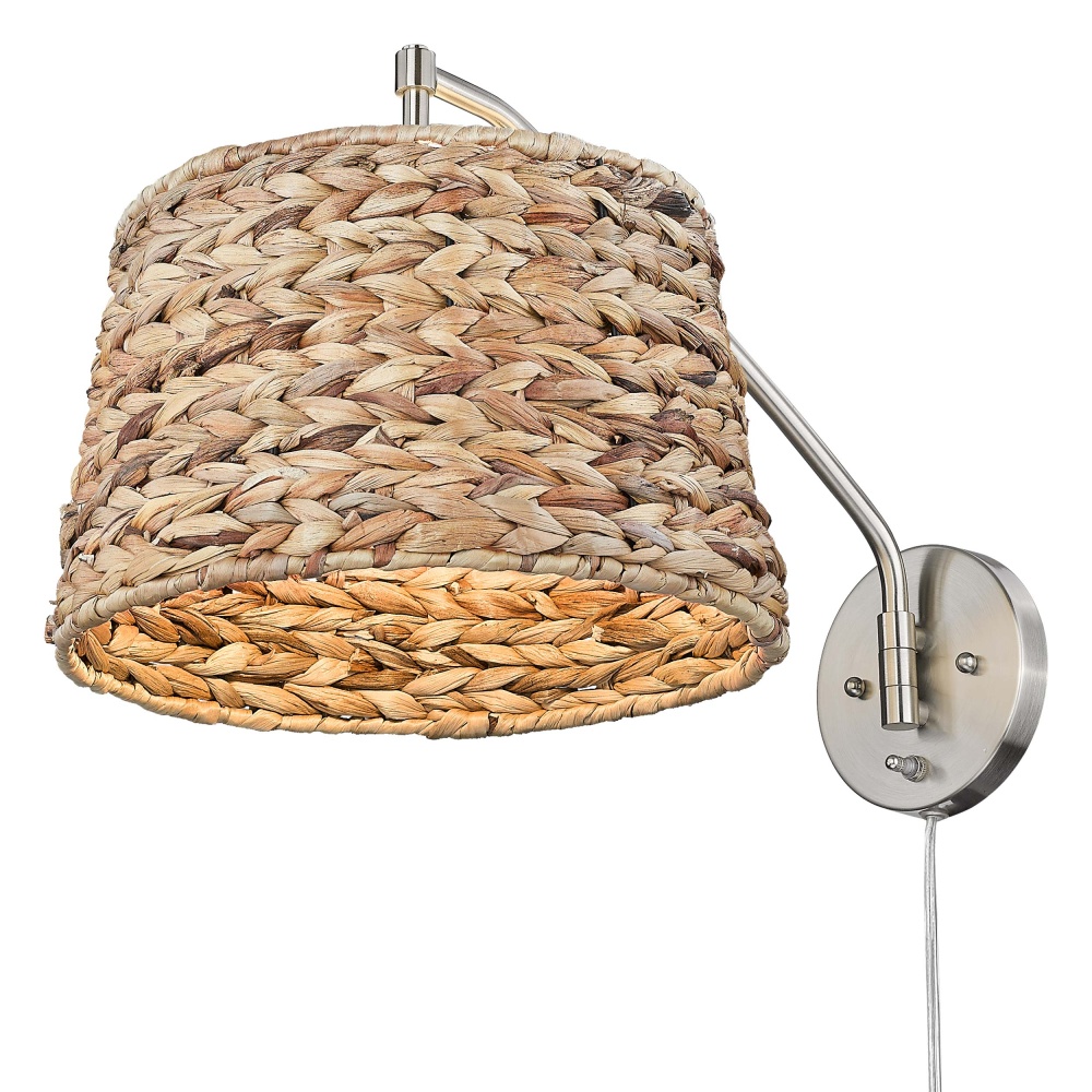 Wry Lighting Ryleigh 1-light Swing Arm Wall Lamp in Pewter and Woven Sweet Grass shade