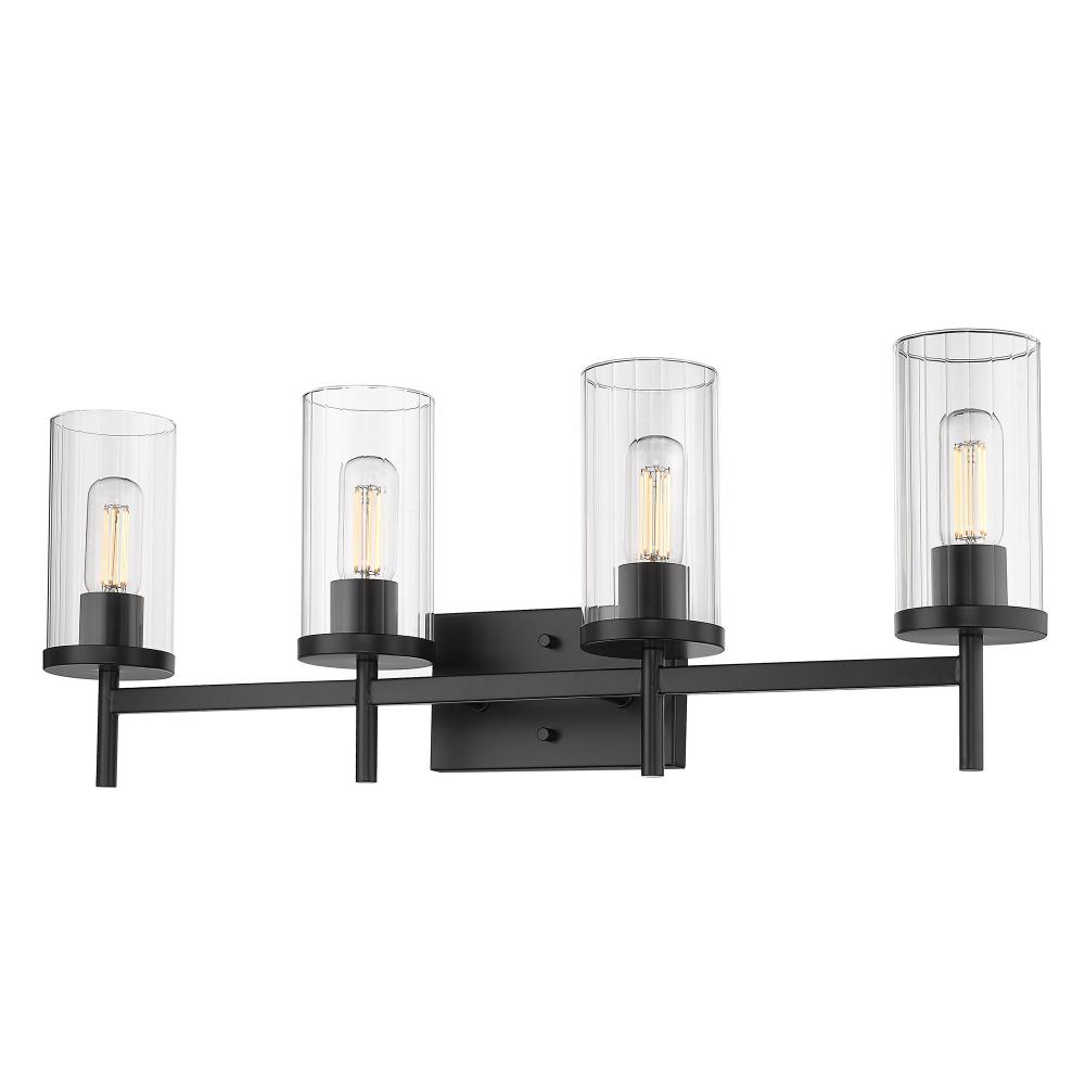 Winslett 4-Light Bath Vanity in Matte Black with Ribbed Clear Glass Shades