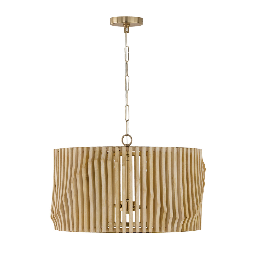 24" W x 15" H 4-Light Pendant in Matte Brass and Handcrafted Blonde Mango Wood