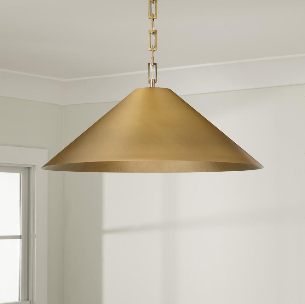 1-Light Metal Cone Pendant in Aged Brass with Painted Brass Interior and Rectangular Designer Chain