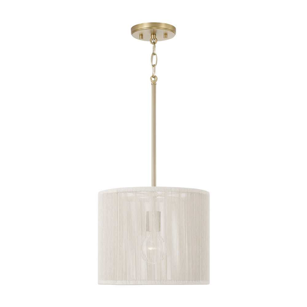 12" W x 10" H 1-LT Handcrafted Drum Pendant in Matte Brass with Hand-wrapped Bleached Natura