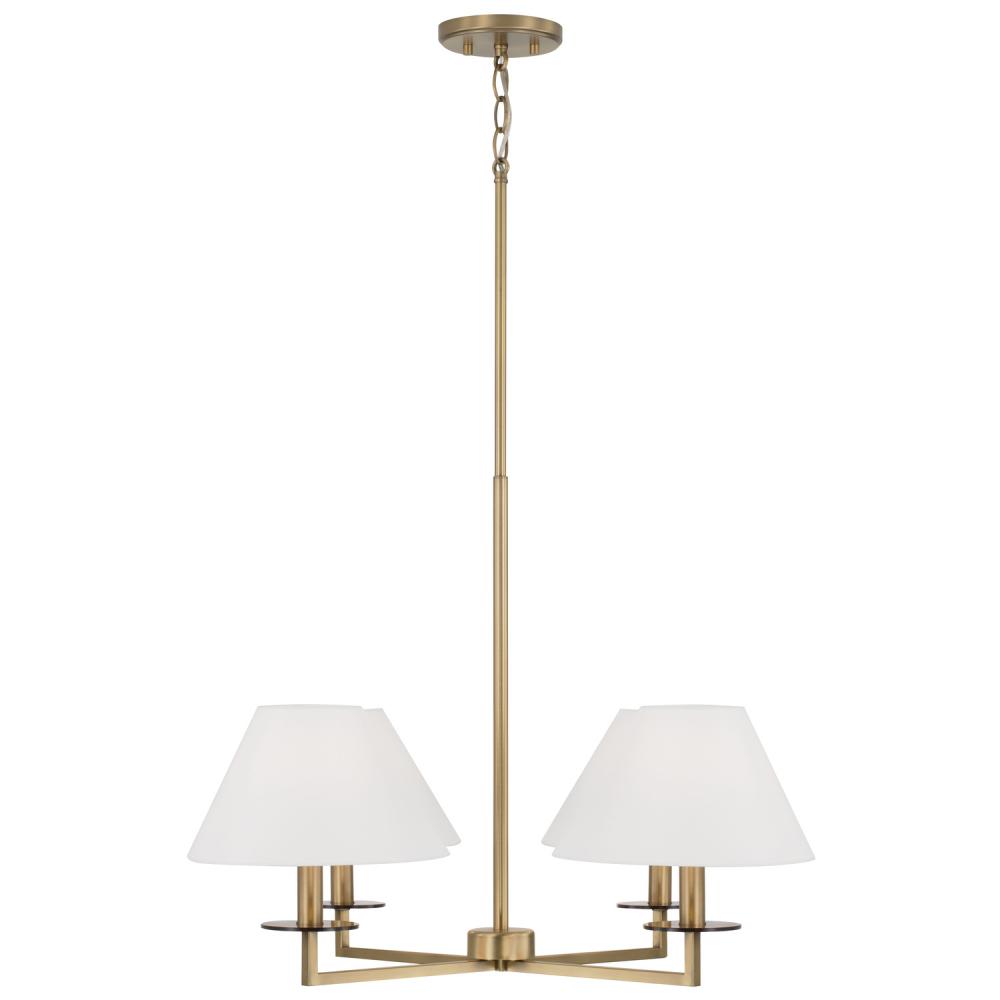 4-Light Chandelier in Aged Brass with White Fabric Stay-Straight Shades