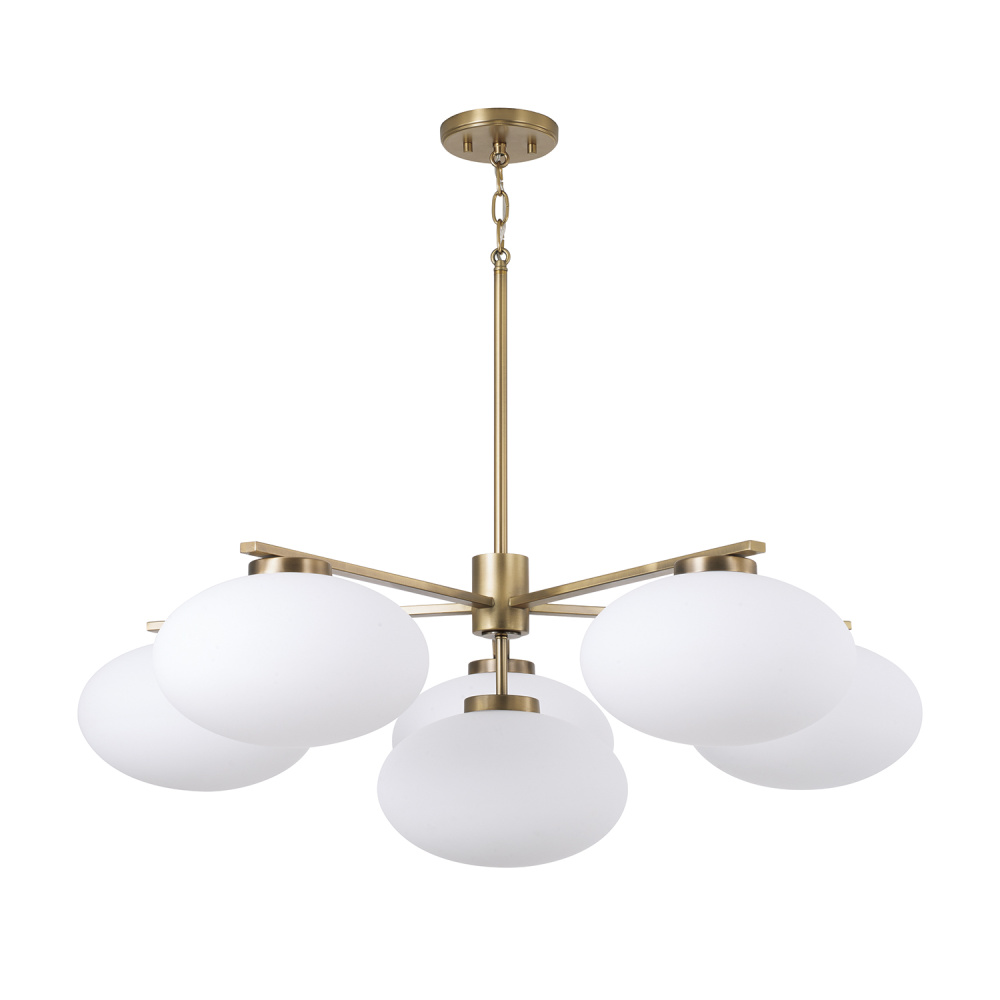 37" W x 12.25" H 6-Light Chandelier in Aged Brass with Soft White Glass Oval Globes