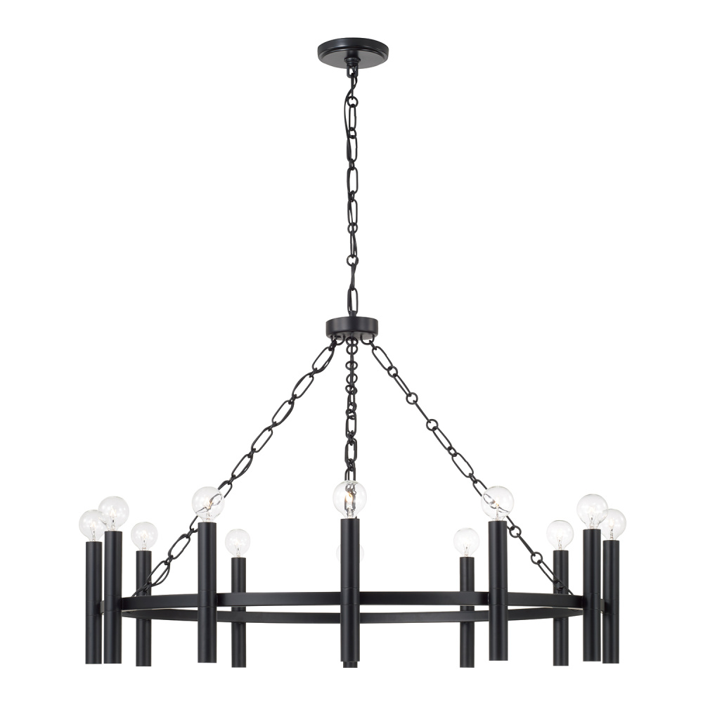 35" W x 24" H 10-Light Ring Chandelier in Matte Black with Cylindrical Candlesticks