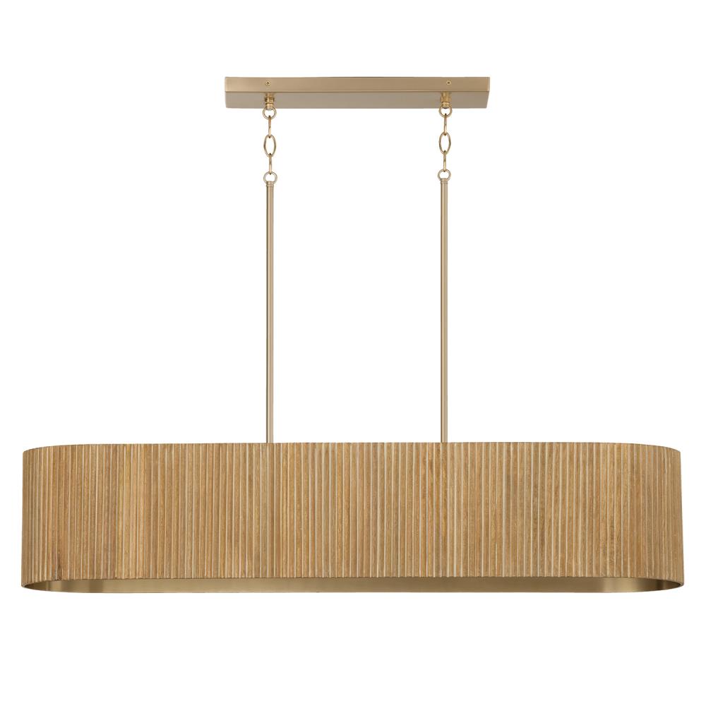 5-Light Linear Chandelier in in Matte Brass and Handcrafted Fluted Mango Wood in White Wash