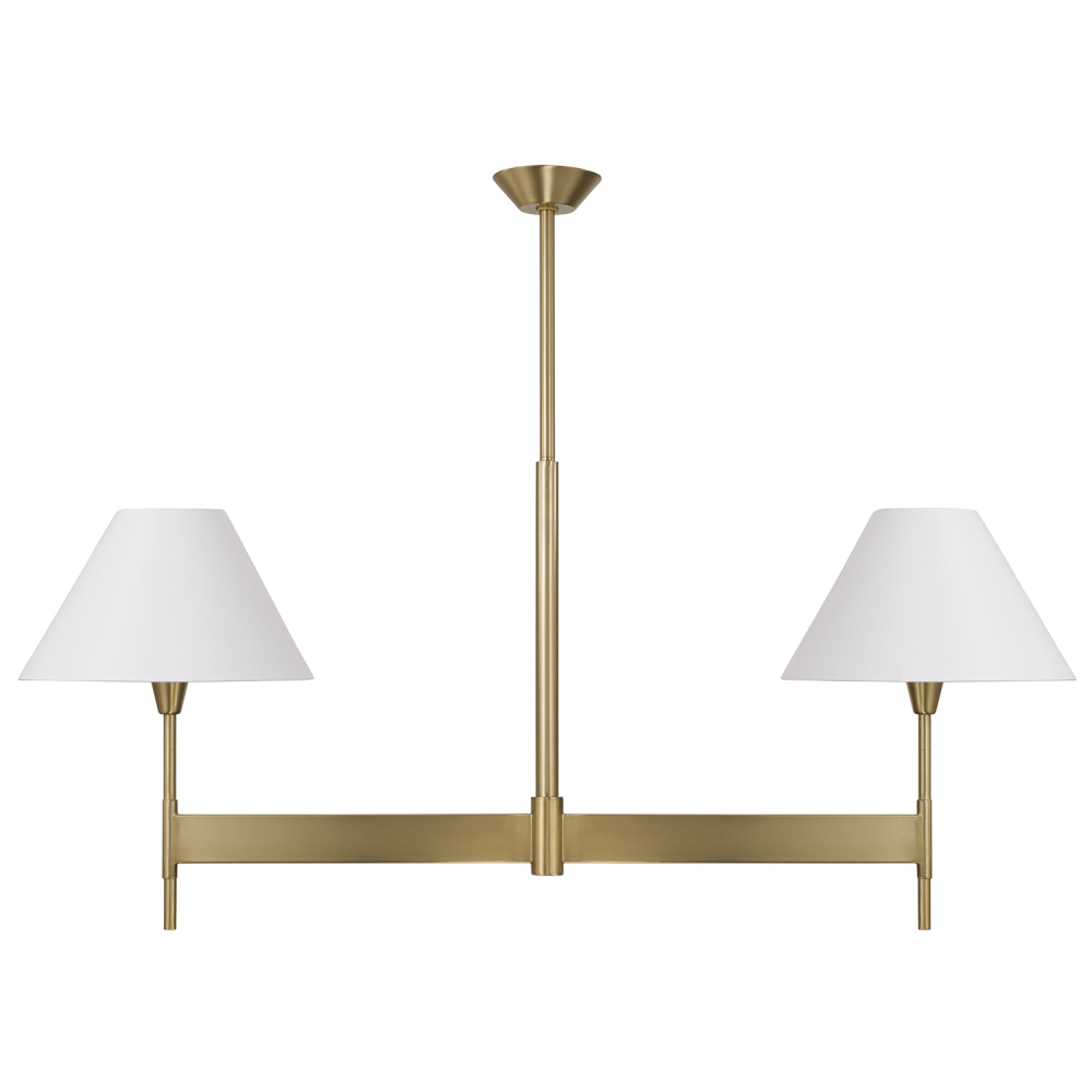 50" W x 22.5" H 2-Light Linear Chandelier in Aged Brass with White Fabric Shades and Designe