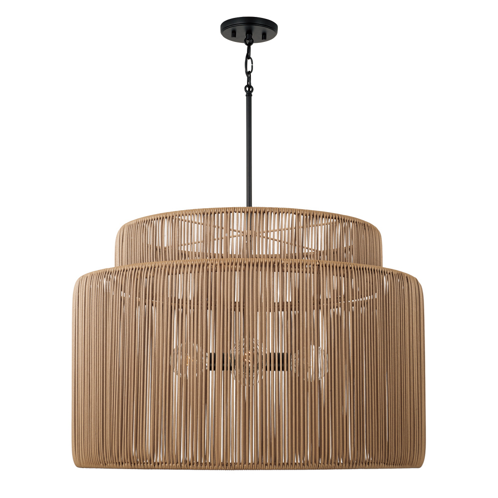 28.75" W x 20.25" H 3-LT Indoor Outdoor Pendant in Matte Black & Hand-wrapped Sienna Tan Res