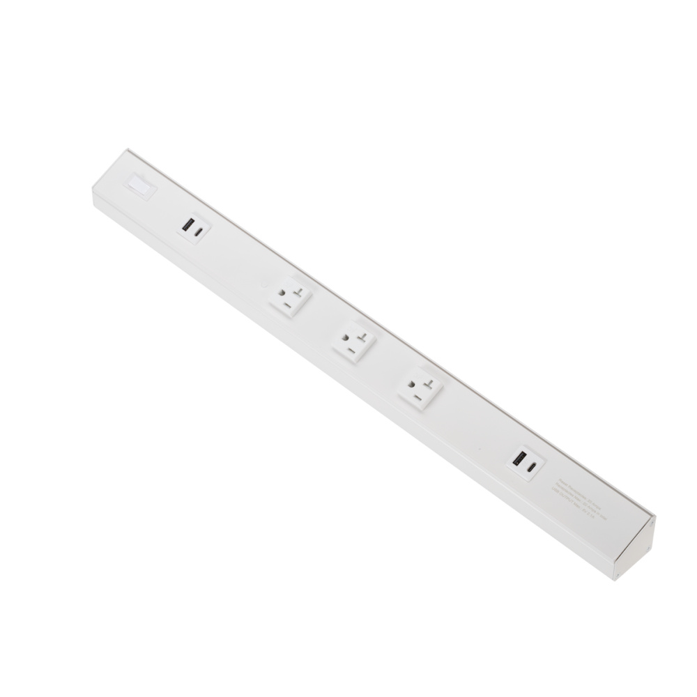 ATOM 24INCH POWER STRIP WHITE FINISH 3 20A TR RECEPTACLES 2 USB 1 RESET SWITCH