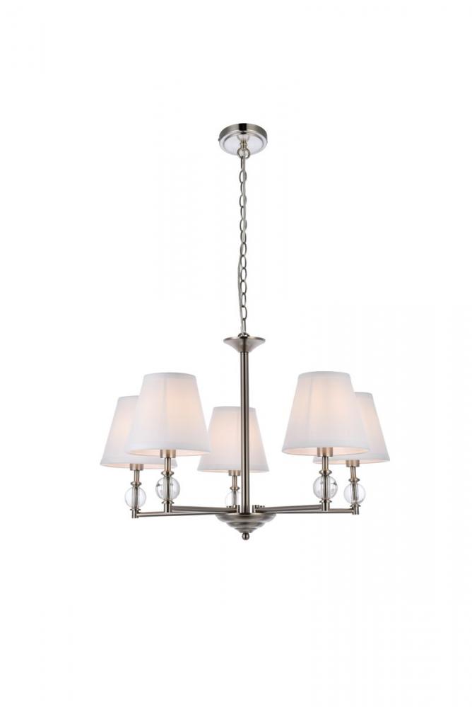 Bethany 5 lights pendant in satin nickel with white fabric shade