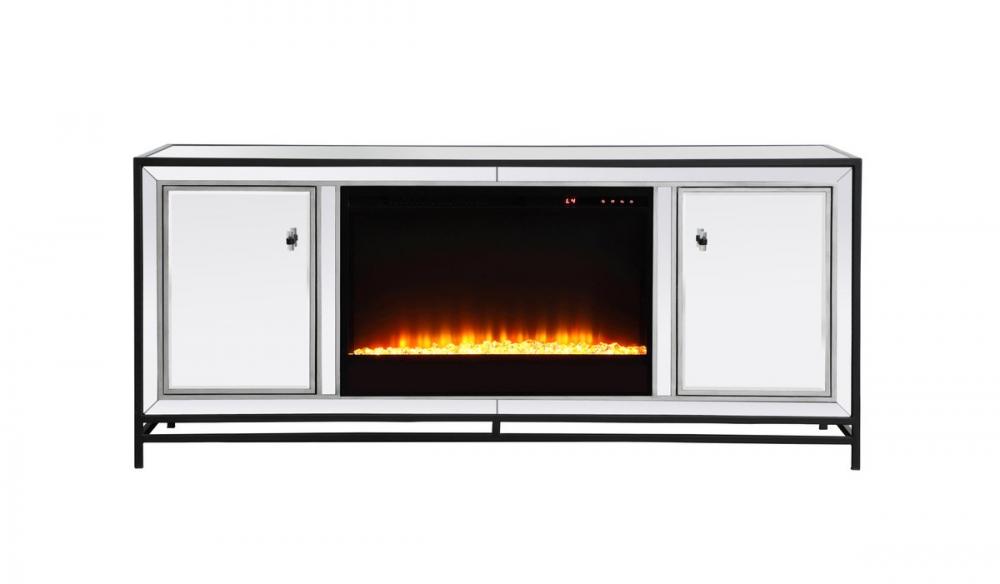 James 60 in. mirrored tv stand with crystal fireplace in black