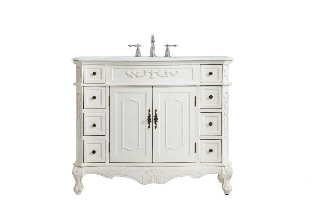 42 Inch Single Bathroom Vanity in Antique White with Ivory White Engineered Marble