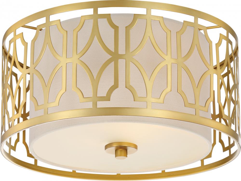 Filigree - 2 Light Flushwith Beige Linen Shade - Natural Brass Finish