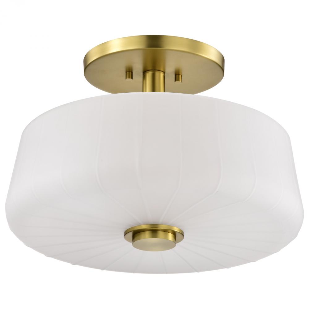 Lune; 3 Light Semi-Flush; Vintage Brass Finish; Etched White Glass